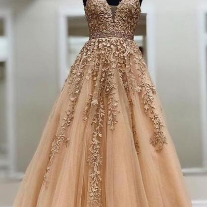 V-neck Long Prom Dress With Appliques And Beading..