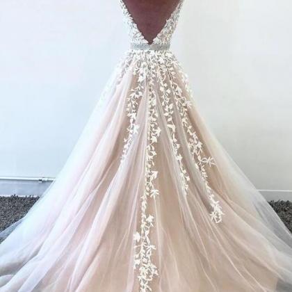 V-neck Long Prom Dress With Appliques And Beading..