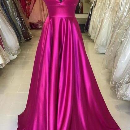 Rose Red V-neck A-line Long Prom Dress Popular..
