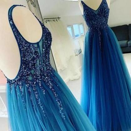 Blue Open Back Long Prom Dress With Beading..