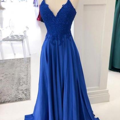 Blue V-neck A-line Long Prom Dresses With..