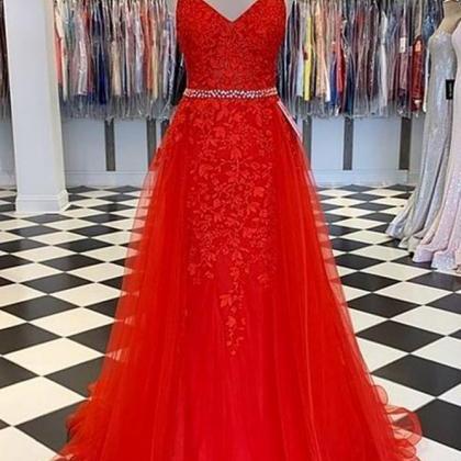 Red V-neck Tulle Long Prom Dresses With Appliques..