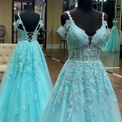 Tulle Long Full Length Prom Dresses With Appliques..