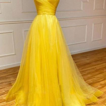 Yellow V-neck Tulle Long Prom Dresses,evening..