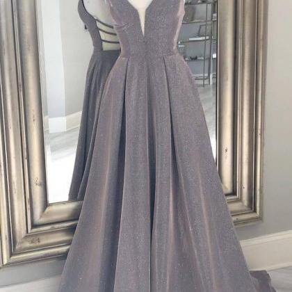 V Neck Grey A-line Long Formal Dress Evening Dress..