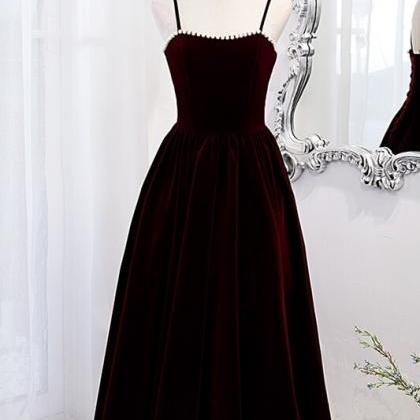 Burgundy Velvet A-line Midi Prom Dress With..