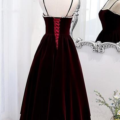 Burgundy Velvet A-line Midi Prom Dress With..