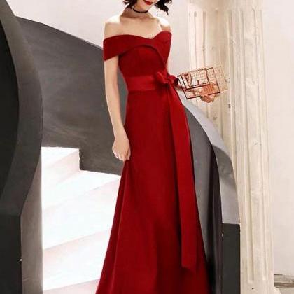 Gorgeous Red Evening Dress Off Shoulder Satin Sash..