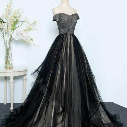 Black Tulle Off Shoulder Floor Length Gown Black..