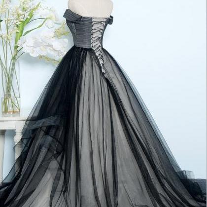 Black Tulle Off Shoulder Floor Length Gown Black..