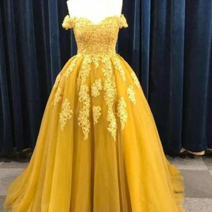 Yellow Tulle Ball Gown Off Shoulder Lace Appliques..