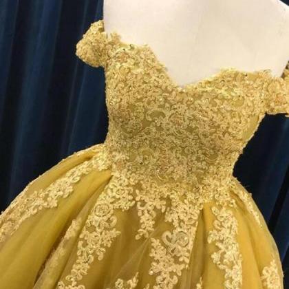 Yellow Tulle Ball Gown Off Shoulder Lace Appliques..
