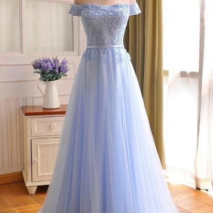 Light Blue Lace Applique Top Long Party Prom Dress..