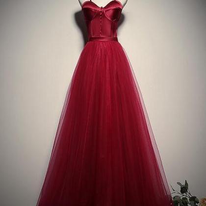 Dark Red Straps Tulle Long Party Prom Dress,..
