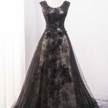 Black Tulle And Lace Round Neckline A-line Evening..