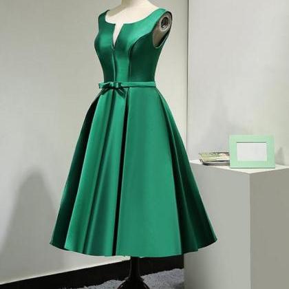 Short Green Satin Tea Length Bridesmaid Dress,..