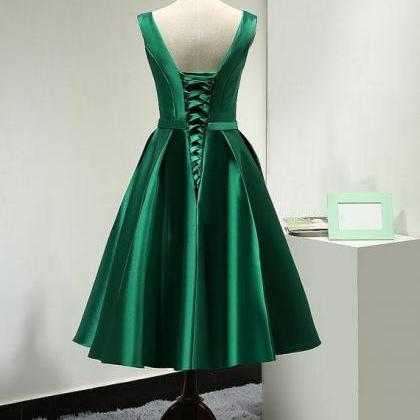 Short Green Satin Tea Length Bridesmaid Dress,..