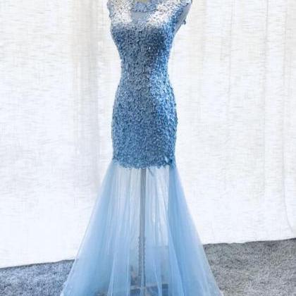 Blue Lace Mermaid Tulle Long Prom Dress, Round..