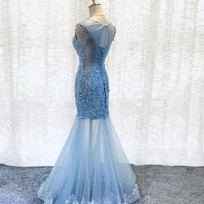 Blue Lace Mermaid Tulle Long Prom Dress, Round..