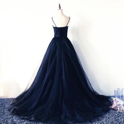 Navy Blue Tulle And Satin Straps Long Evening..