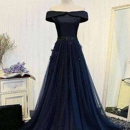 Navy Blue Off Shoulder Tulle Long Evening Party..