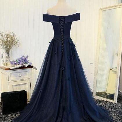 Navy Blue Off Shoulder Tulle Long Evening Party..