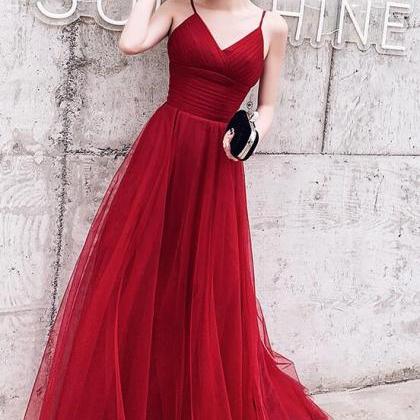 Wine Red Simple Low Back Straps Tulle Prom Dress,..