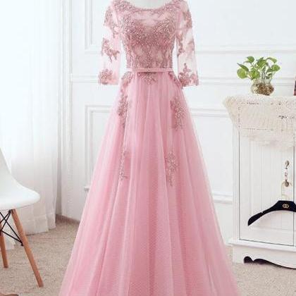 Pink Tulle Elegant Party Dress With Lace A-line..