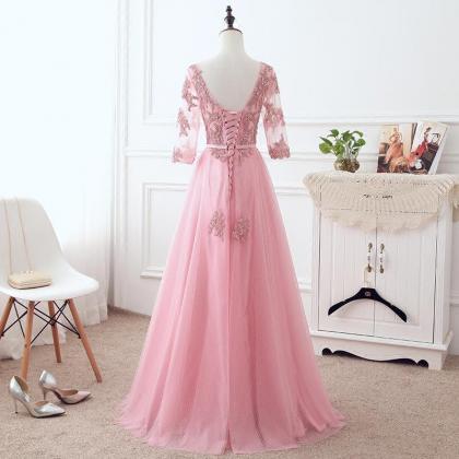 Pink Tulle Elegant Party Dress With Lace A-line..