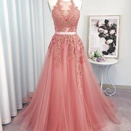 Pink Prom Dress Halter Neckline Formal Ball Dress..