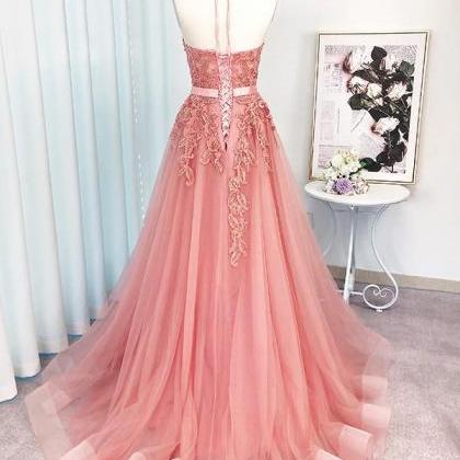 Pink Prom Dress Halter Neckline Formal Ball Dress..