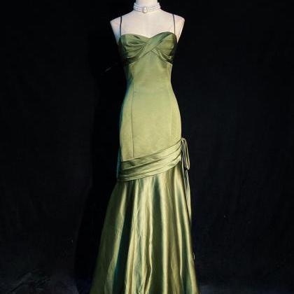 Green Satin Long Straps Floor Length Party Dress..
