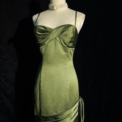 Green Satin Long Straps Floor Length Party Dress..
