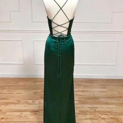 Green Satin Straps Long Evening Dress With Leg..