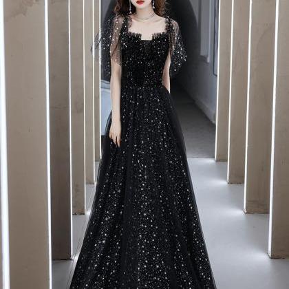A-line Black Tulle Long Prom Dress Black Party..
