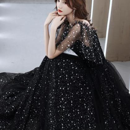 A-line Black Tulle Long Prom Dress Black Party..