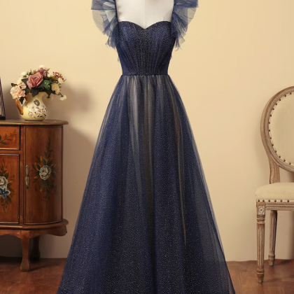 Navy Blue Tulle Long Party Prom Dress A-line Tulle..