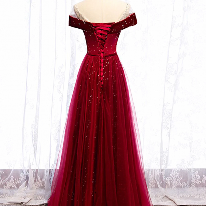 Burgundy Velvet And Tulle Long Formal Dress A-line..