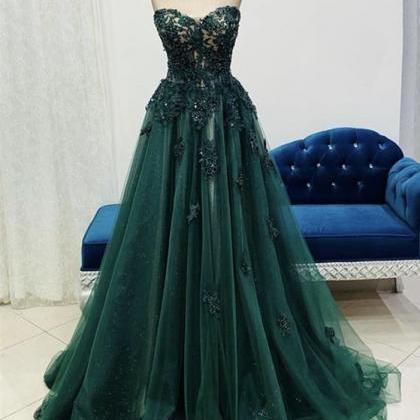 Dark Green Tulle Sweetheart Long Formal Dress..
