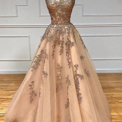 Champagne Lace Tulle Long Prom Dress Formal..