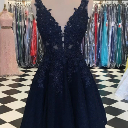 Navy Blue Tulle With Lace Short Prom Dress Formal..