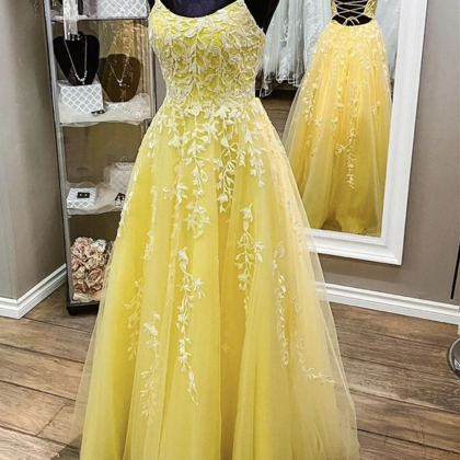Tulle Long Formal Dress With Lace Yellow Prom..