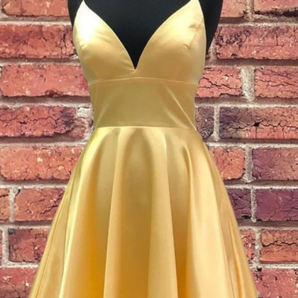 Yellow Satin Straps Homecoming Dress Formal Dress..
