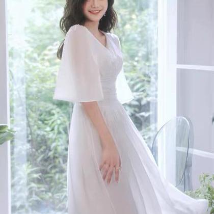 White Formal Dress V-neck Homecoming Dress,simple..