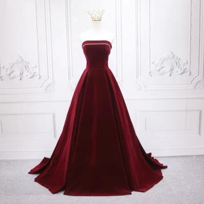 Burgundy Velvet Evening Dress,fornal Dres, Fashion..