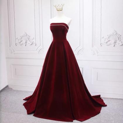 Burgundy Velvet Evening Dress,fornal Dres, Fashion..