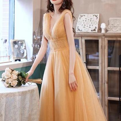 V-neck Party Dress,formal Dress, Yellow Bridesmaid..