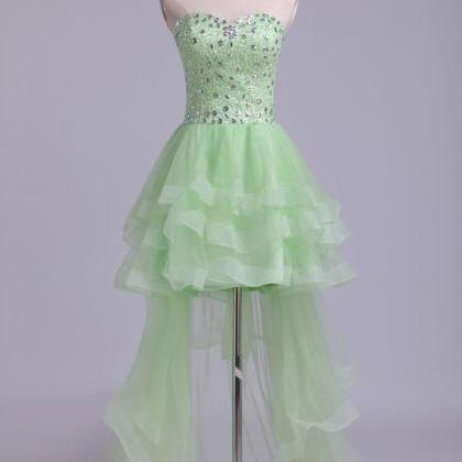 Green Sweetheart A Line High Low Prom Dress Beaded..