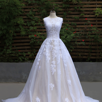 A-line Wedding Gown With Lace Applique Sweep Train..