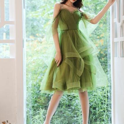 Green Layers Short Straps Tulle Party Dresses..